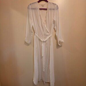 Flora White Sheer Robe with Tie Front and Lace Trim S/M